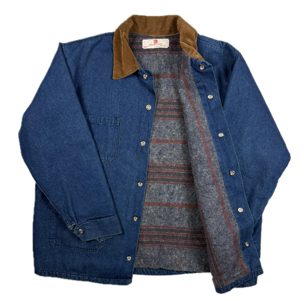 Open front view showing the striped grey and burgundy blanket lining inside the vintage Adolphe Lafont denim chore jacket.