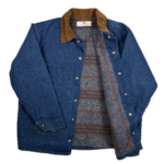 Open front view showing the striped grey and burgundy blanket lining inside the vintage Adolphe Lafont denim chore jacket.
